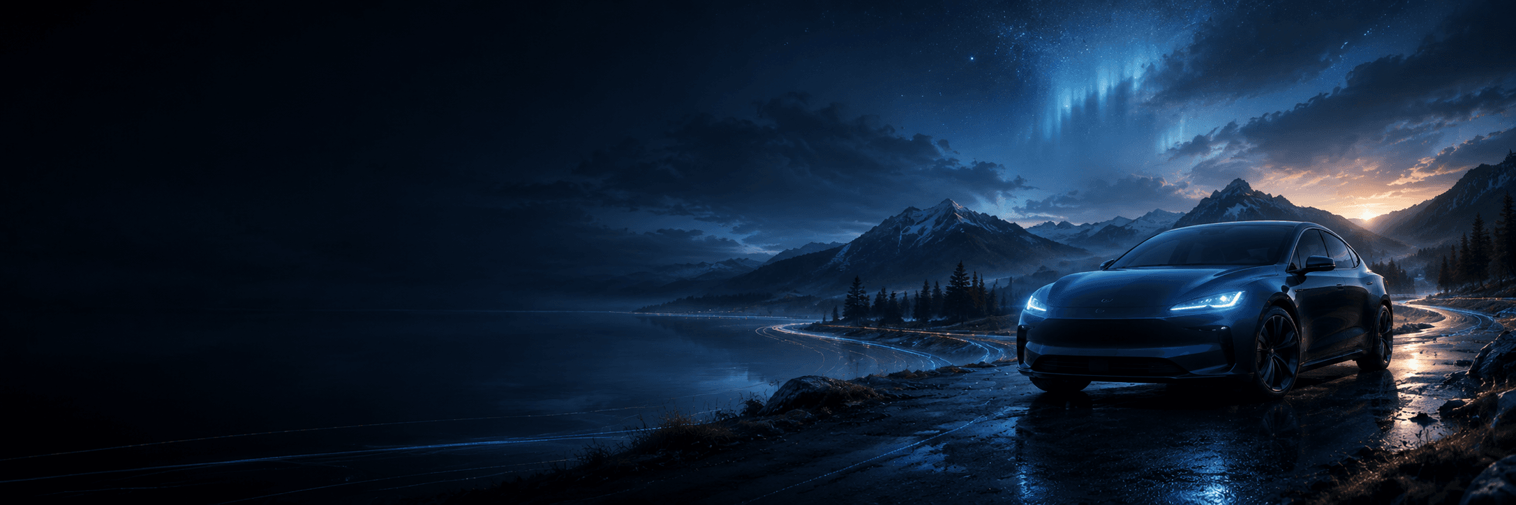 Blue Model S reflected in an aurora-lit lake, representing PulseAI intelligence and data insight.