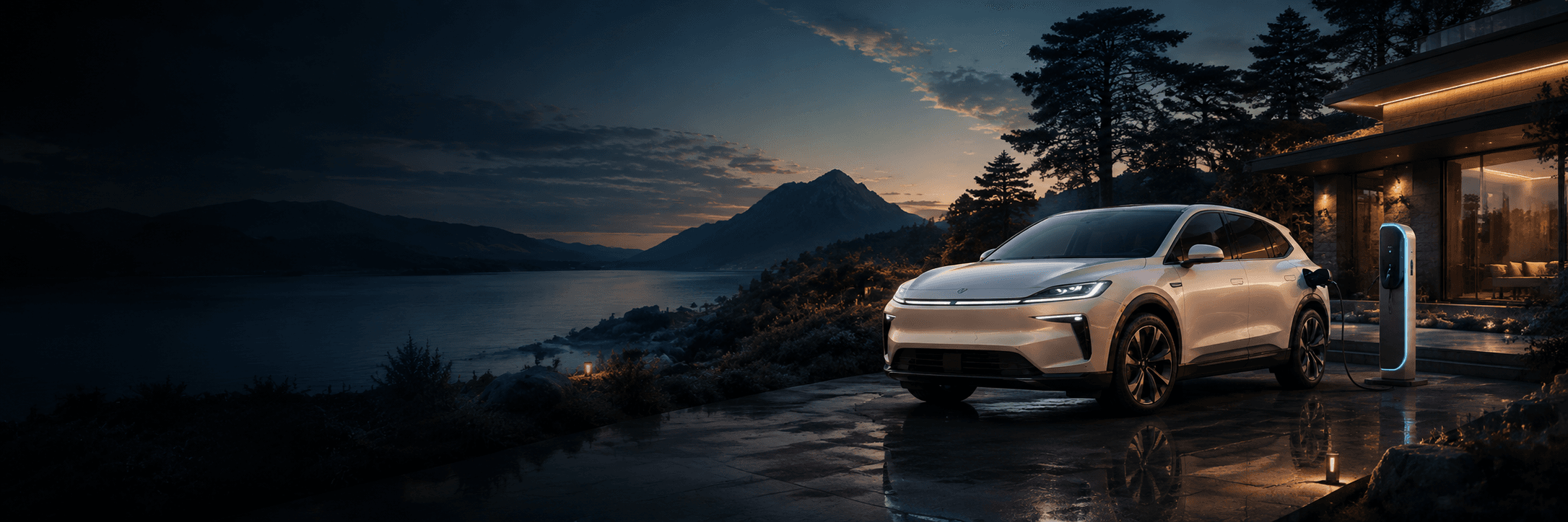 White Model X charging at home with a lakeside backdrop, representing the charge session ledger.